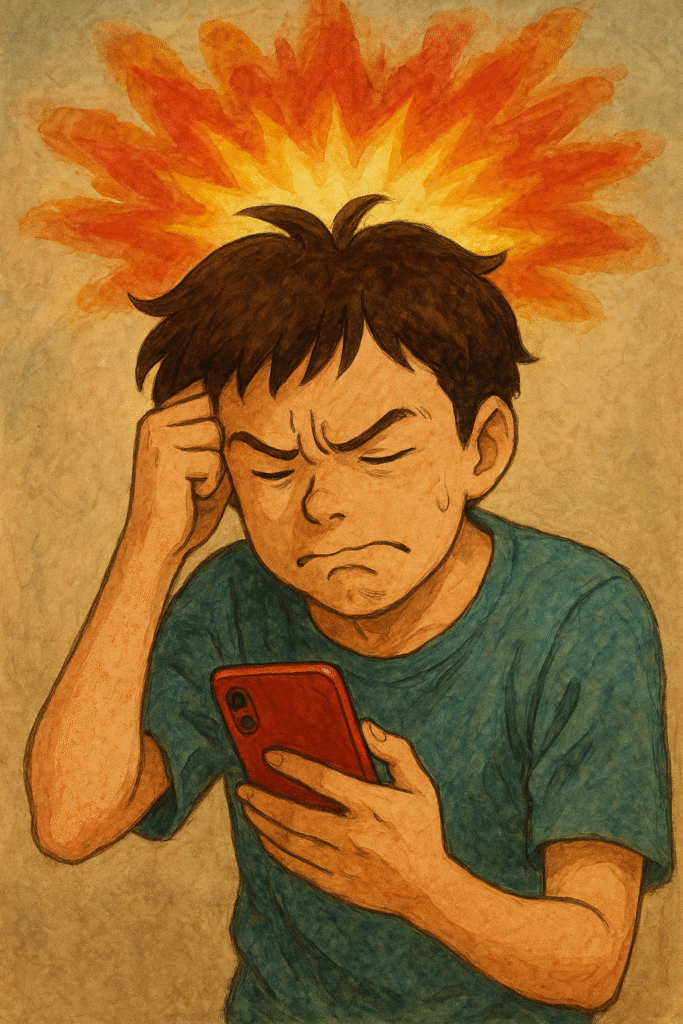 スマホで操作むずくて頭爆発しそうな男性