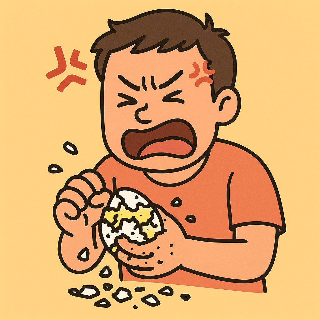 ゆで卵をうまくむけずにイラつく男性