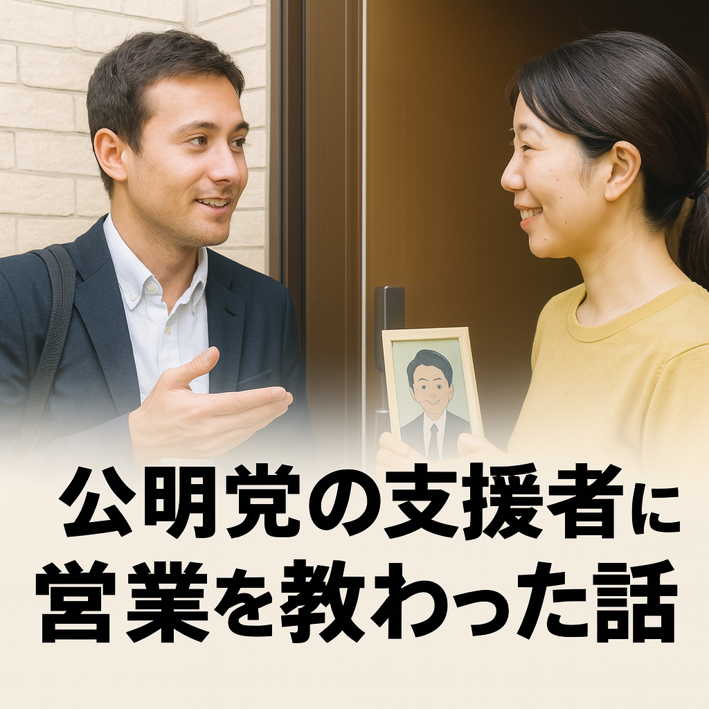公明党の支援者さんと玄関で談笑中の営業マン