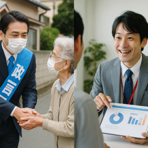 選挙活動している男性と、営業活動してる男性