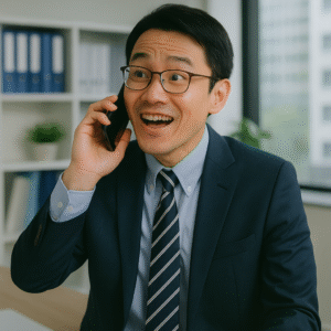 電話でて驚いている男性