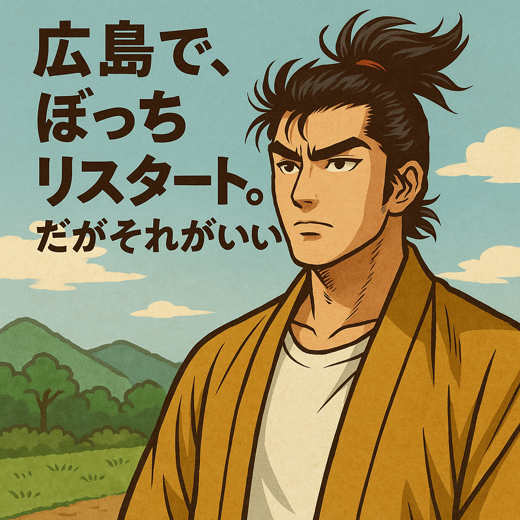広島でぼっちリスタートする男性イラスト