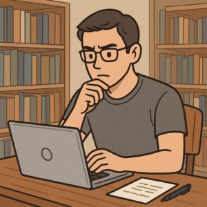 図書館で考えごとして男性