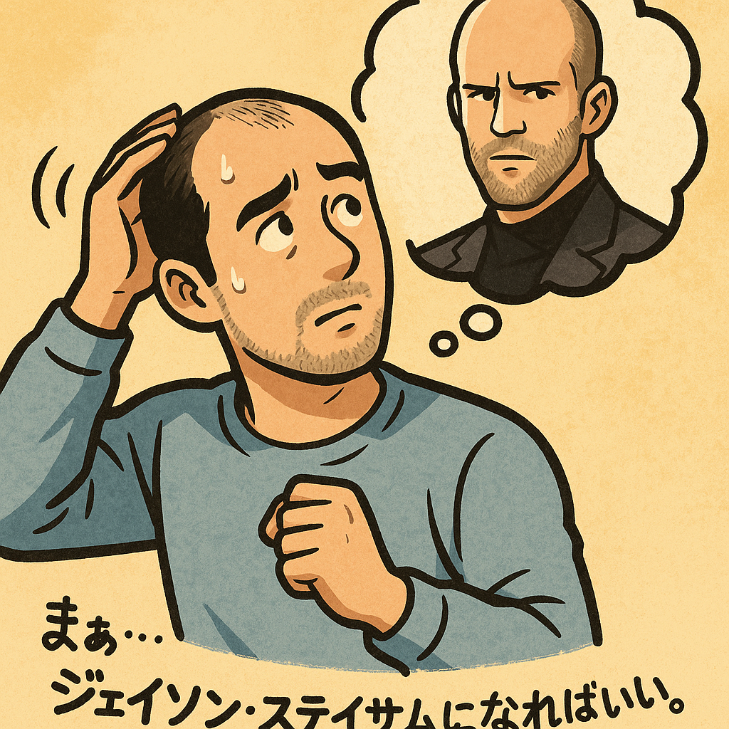 剝げてきてる男性が、ステイサムに憧れるイラスト