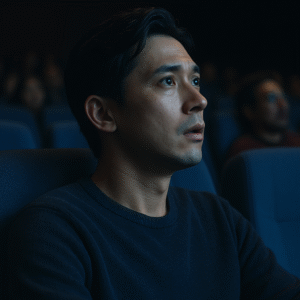 映画に見入ってる男性