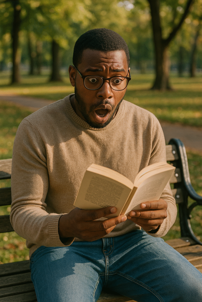 本読んでビックリしてる青年