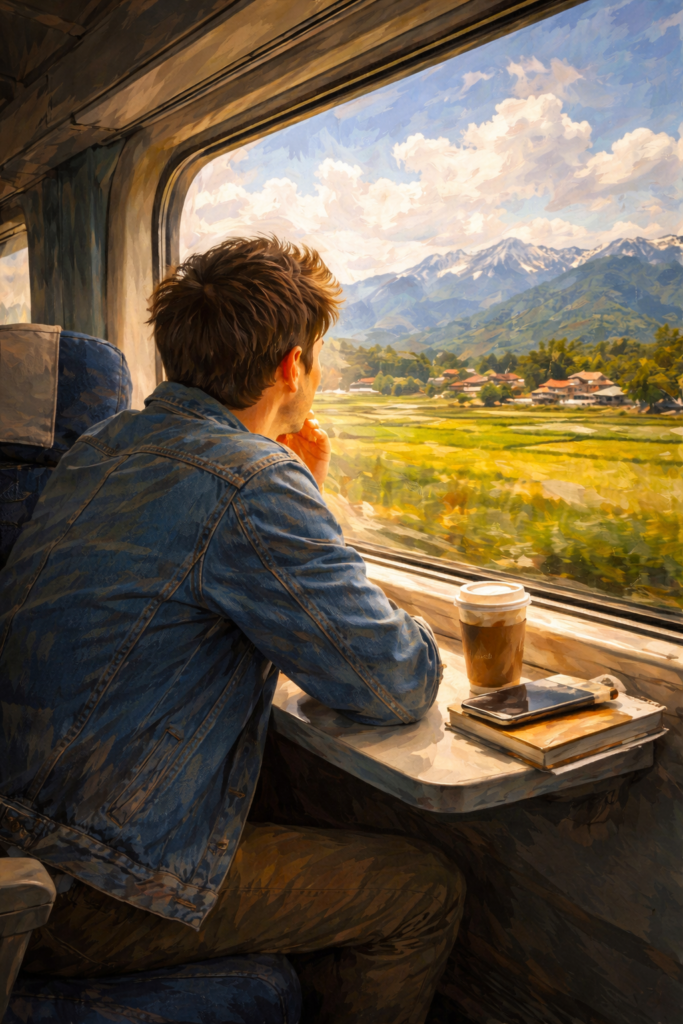 帰省旅の青年後ろ姿