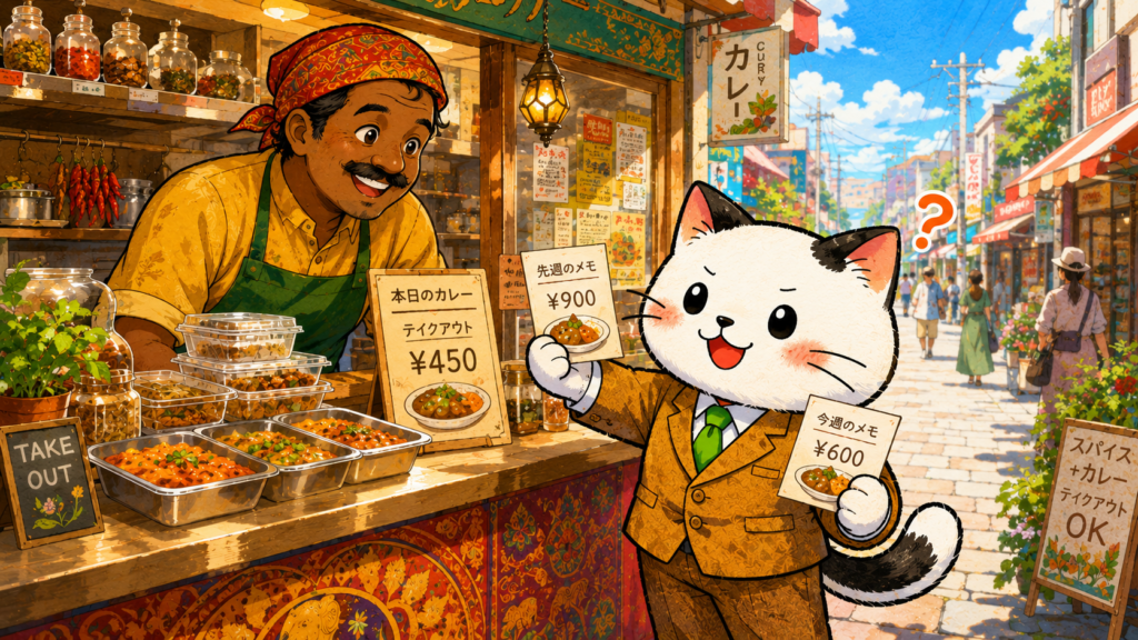 カレー屋の前で料金の違いにビビる