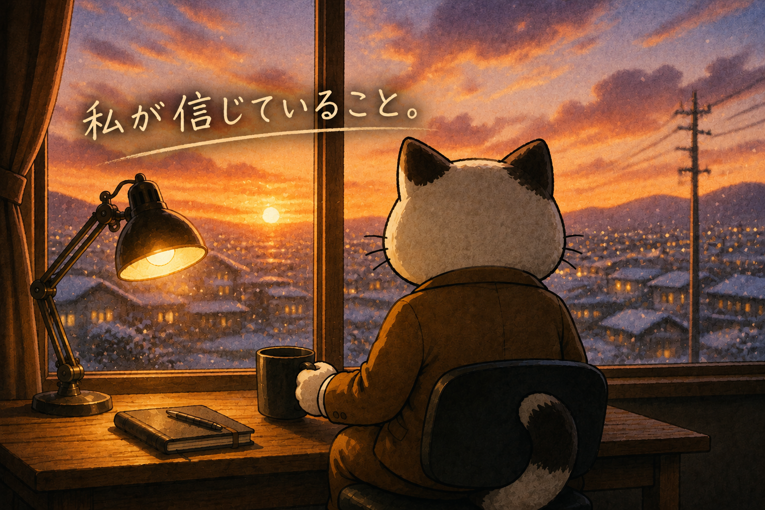 部屋で夕日を眺めるフクマル